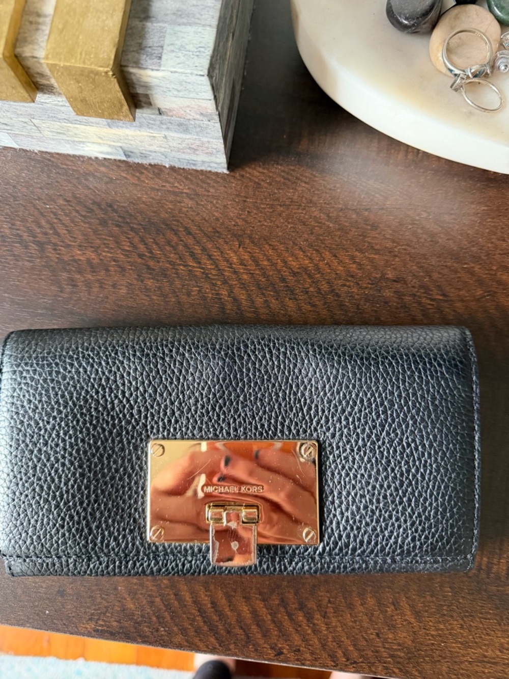 Michael Kors Black Pebbled Leather Continental Wallet with Gold Plate Accent